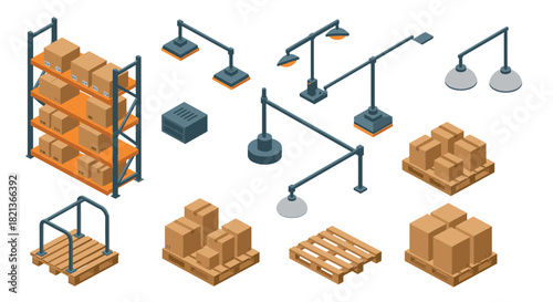 Isometric warehouse elements pallets, lights, and shelving for industrial design