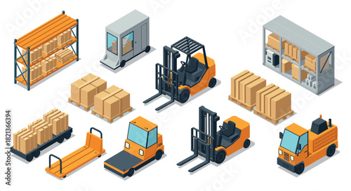 Isometric warehouse set with cargo transport vehicles and storage racks