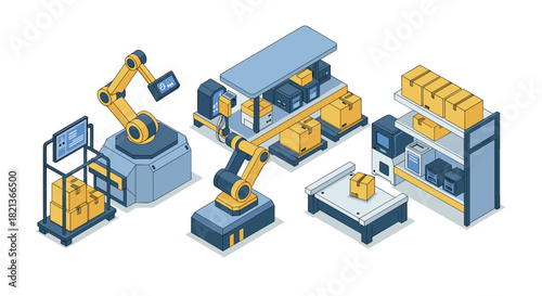 Warehouse automation and robotics in isometric style