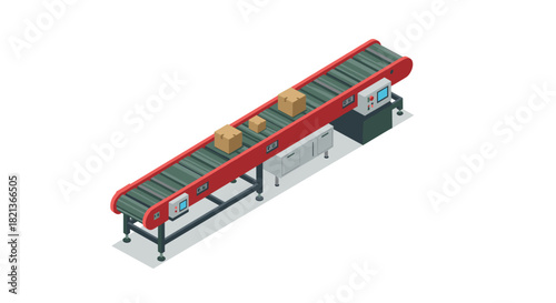 Isometric conveyor belt with cardboard boxes in modern factory setting