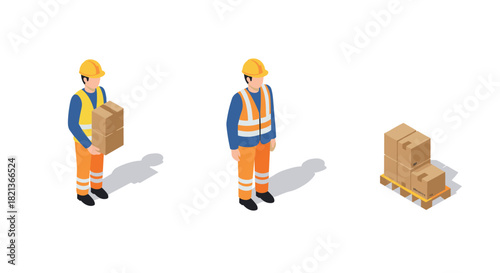 Isometric workers handling and transporting boxes in safety gear
