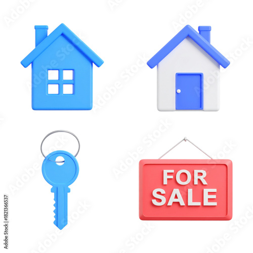 A 3D real estate icon set, house, key, for sale sign, 3D render, isolated on transparent background, PNG