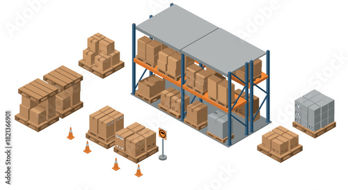 Isometric warehouse storage with pallet boxes and shelves