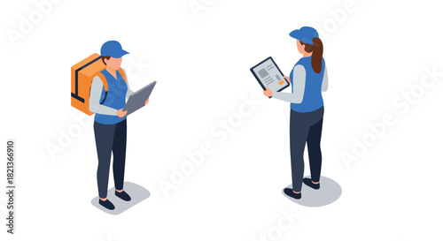 Delivery service workers in uniform using devices for logistics and management