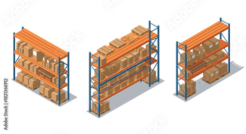 Isometric warehouse shelves with cardboard boxes on industrial metal racks