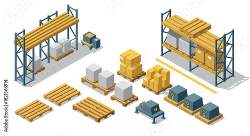 Isometric warehouse elements with pallets, shelves, and boxes for logistics and supply chain design