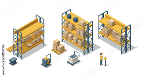 Isometric warehouse shelves with cardboard boxes and industrial equipment