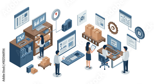 Isometric warehouse team digital inventory management system modern office workspace