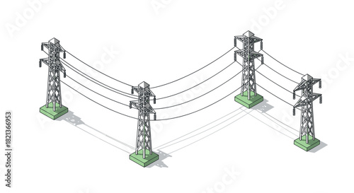 Isometric power line towers with cables and green bases on white background