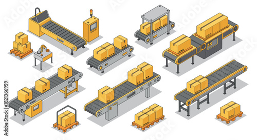 Isometric industrial conveyor belt system with boxes and machinery in a warehouse setting