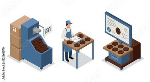 Isometric coffee production process with worker and equipment in modern factory