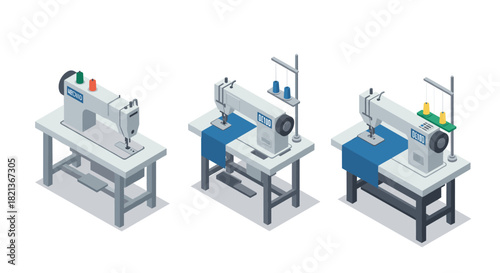 Isometric sewing machines set on tables with fabric and thread spools