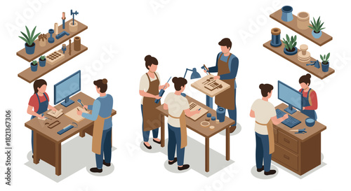 Isometric workshop scene with people engaged in crafts and woodworking