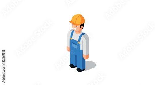 Isometric construction worker in hard hat and overalls on white background
