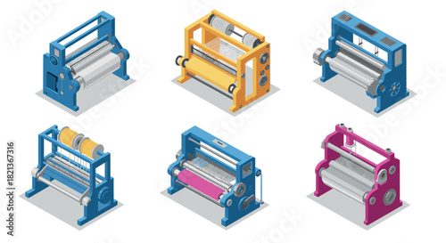 Isometric industrial machines set in diverse colors and designs for manufacturing
