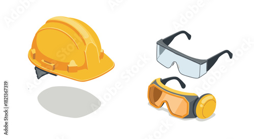 Construction safety gear: isometric hard hat and protective eyewear essentials