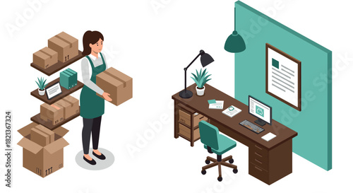 Isometric workplace with office desk and woman organizing packages