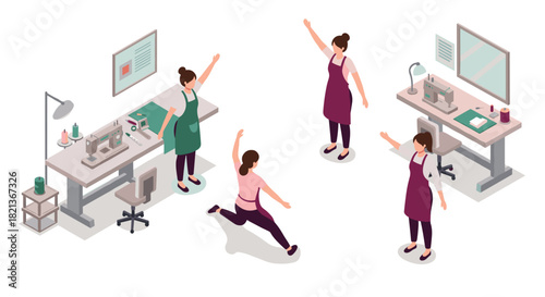 Seamstress workshop women engaging in office exercise routine in isometric style