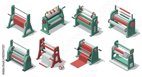 Diverse set of isometric industrial rollers in red and green for manufacturing processes
