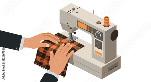 Isometric sewing machine with fabric and hands for tailoring concepts