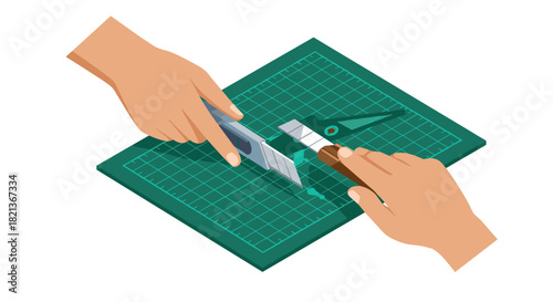 Isometric hands crafting with cutting tools on green mat