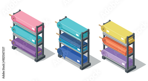 Isometric colored fabric rolls on metal shelves in textile store display
