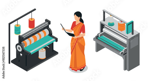 Isometric textile worker in saree operating industrial sewing machines