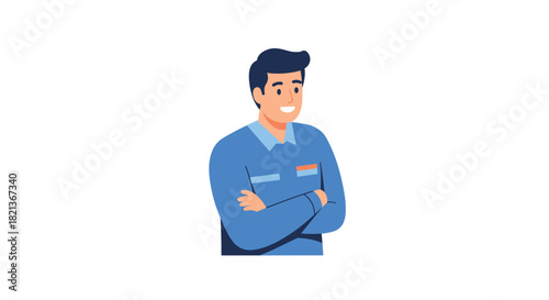 Smiling man in blue sweater with arms crossed in modern cartoon style