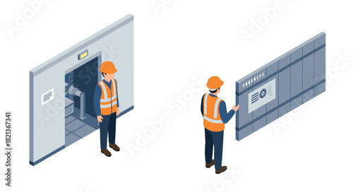Isometric industrial workers at control panel and doorway scene