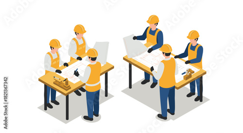Isometric construction team working on architectural blueprints with safety gear