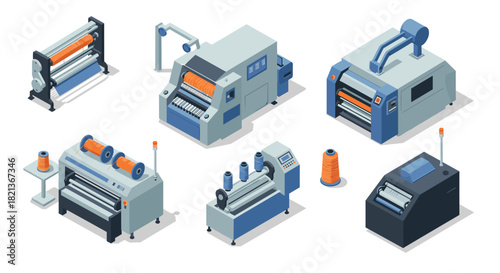Isometric industrial printing machines set with detailed design elements