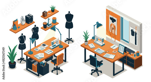 Creative fashion designer studio workspace with sewing and design tools in isometric style