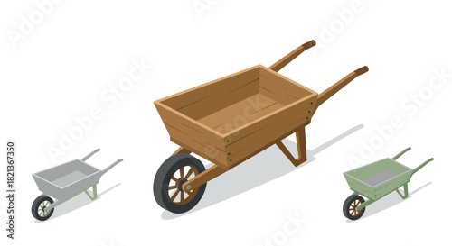 Isometric wheelbarrows: wooden, metal, and green designs on white background