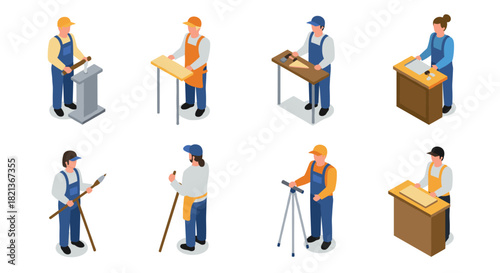 Isometric characters engaged in diverse trades and professions