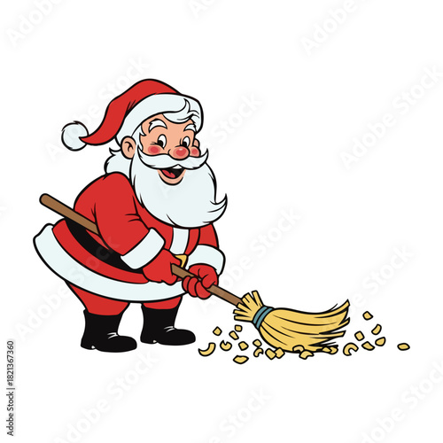 Vintage Santa Claus Sweeping Wood Shavings in Workshop Illustration