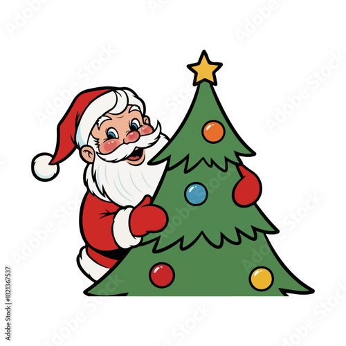 Jolly Santa Claus Peeking Behind Christmas Tree Retro Vector Illustration