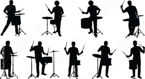 Silhouette collection of drummers performing with various drums and sticks, isolated musicians playing percussion instruments for music, performance, marching band