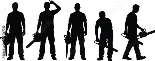Silhouette collection of workers holding chainsaws in various standing and walking poses, professional lumberjack equipment, forestry tools, construction safety concept illustration