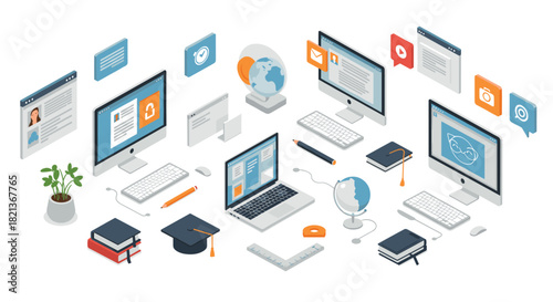 Isometric office desk with technology and books for modern remote learning concept