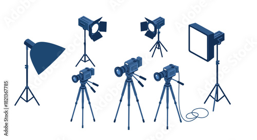 Isometric camera equipment set with tripods and lights for professional video production