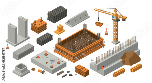 Isometric construction site elements with crane and building materials