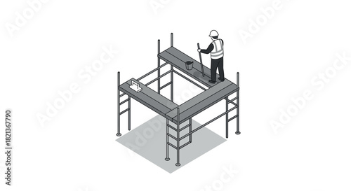 Isometric scaffold worker with safety gear and tools on construction platform