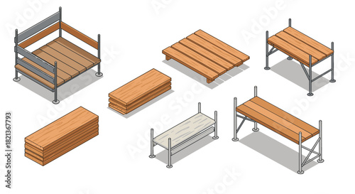 Isometric construction site equipment with wooden planks and metal scaffolding