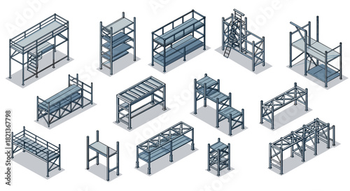 Industrial warehouse shelving: isometric metal storage racks for efficient organization