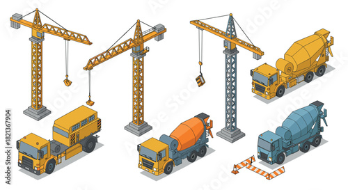 Isometric construction vehicles and cranes set with concrete mixers and barriers