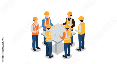Construction team discussion around table in isometric design