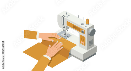 Isometric sewing machine with hands tailoring fabric for diy projects and crafts