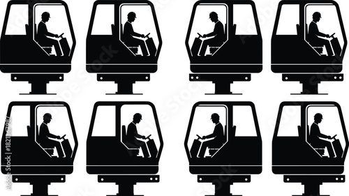 Silhouette construction equipment operators inside heavy machinery cabins, industrial worker controls, engineering profession safety illustration for building, excavation,