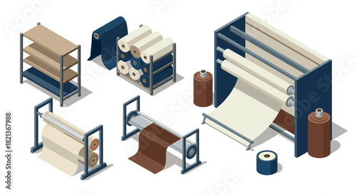 Isometric paper manufacturing elements with industrial rollers and storage units