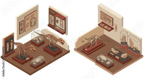 Isometric dinosaur exhibit in museum displaying fossil skeletons and artifacts